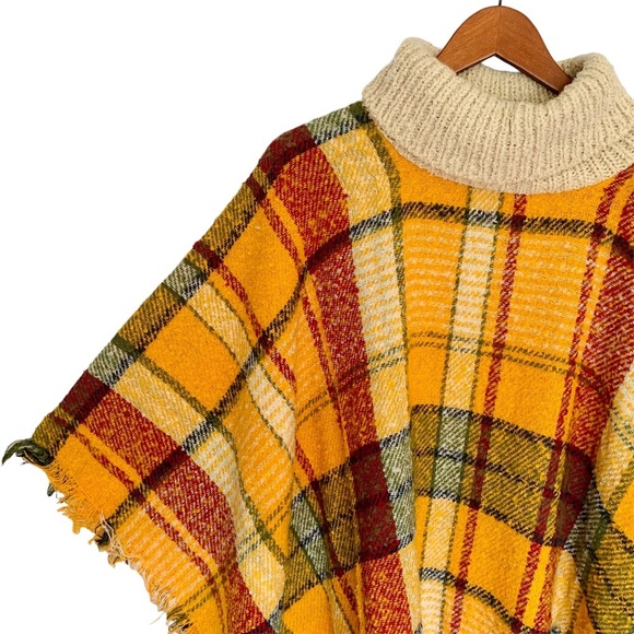 NEW Chloe Cozy Soft Long Boho Plaid Turtleneck Pullover Poncho Fringe - Picture 4 of 12
